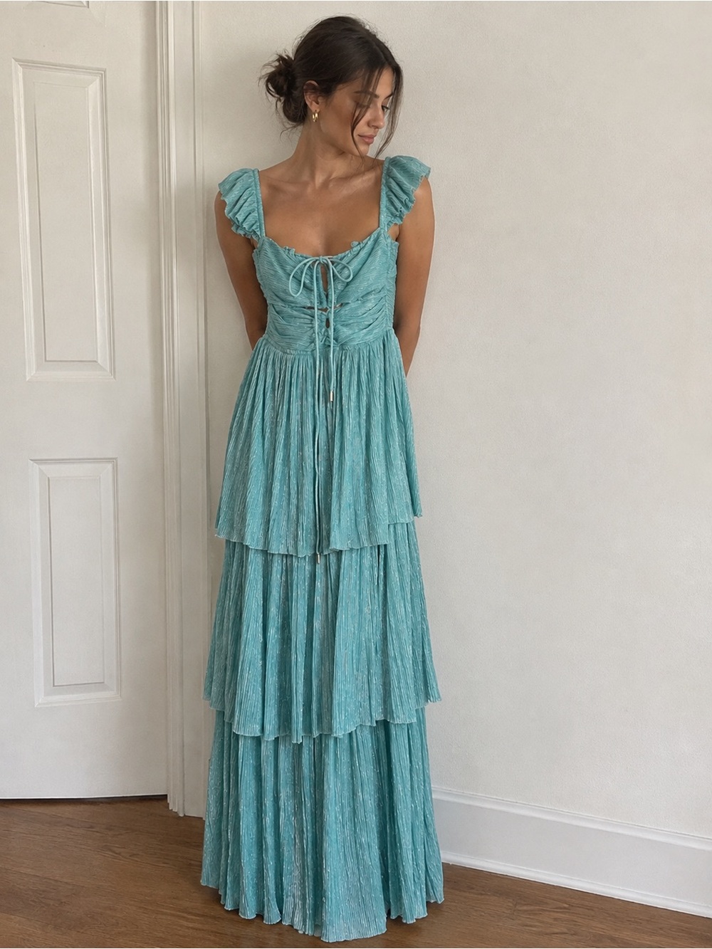 Sabina Musayev Amadea Light Blue Tiered Ruffle Maxi Dress with Tie Front